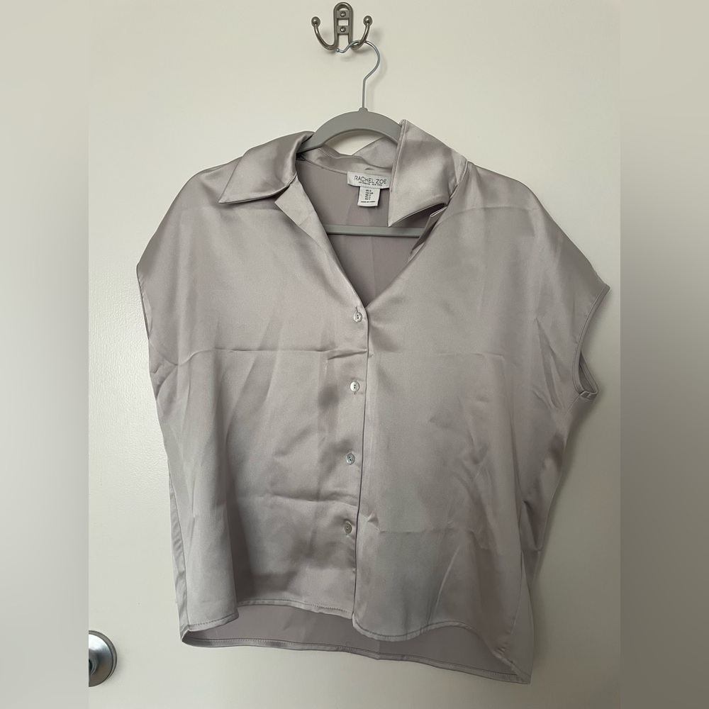 Rachel Zoe Gray Silky Button Down Shirt with Notched Collar